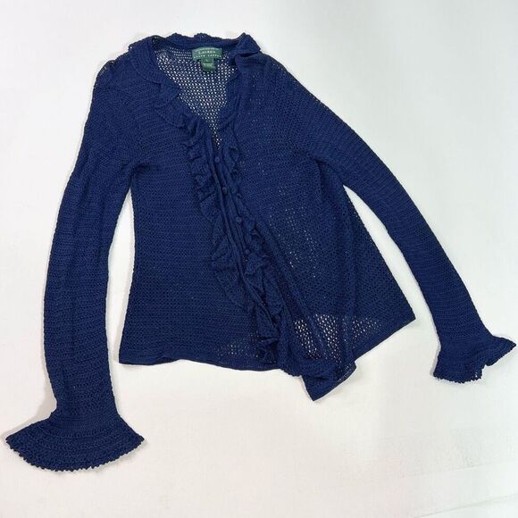 Lauren Ralph Lauren Sweater Womens Large Blue Button Hand Knit Rayon Cardigan - Picture 1 of 9